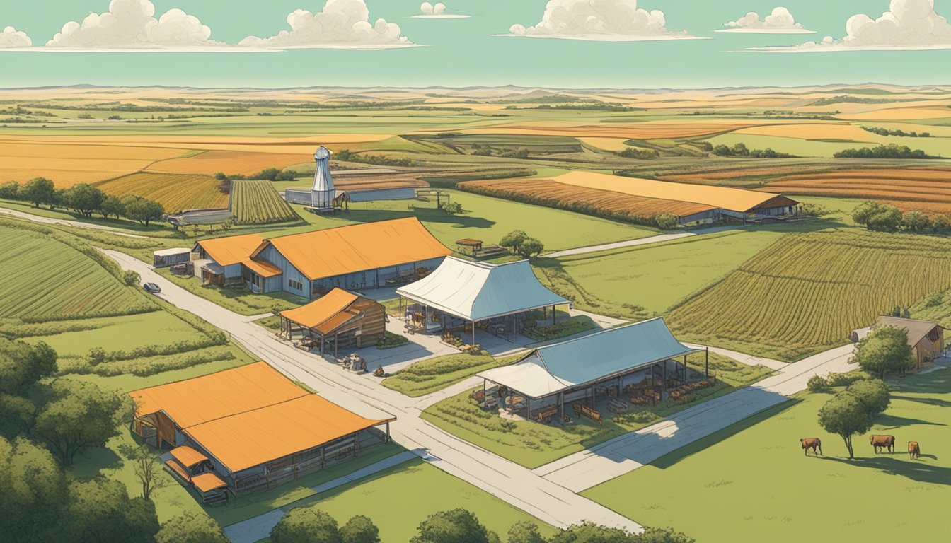 A sprawling Texas ranch with grazing cattle, fields of wheat, and a Whataburger restaurant in the background, symbolizing the impact on the state's agriculture and beef industry