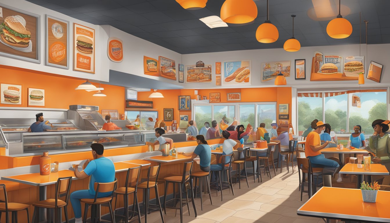 A bustling Whataburger restaurant with Texas musicians' artwork adorning the walls, and a menu featuring dishes inspired by their music