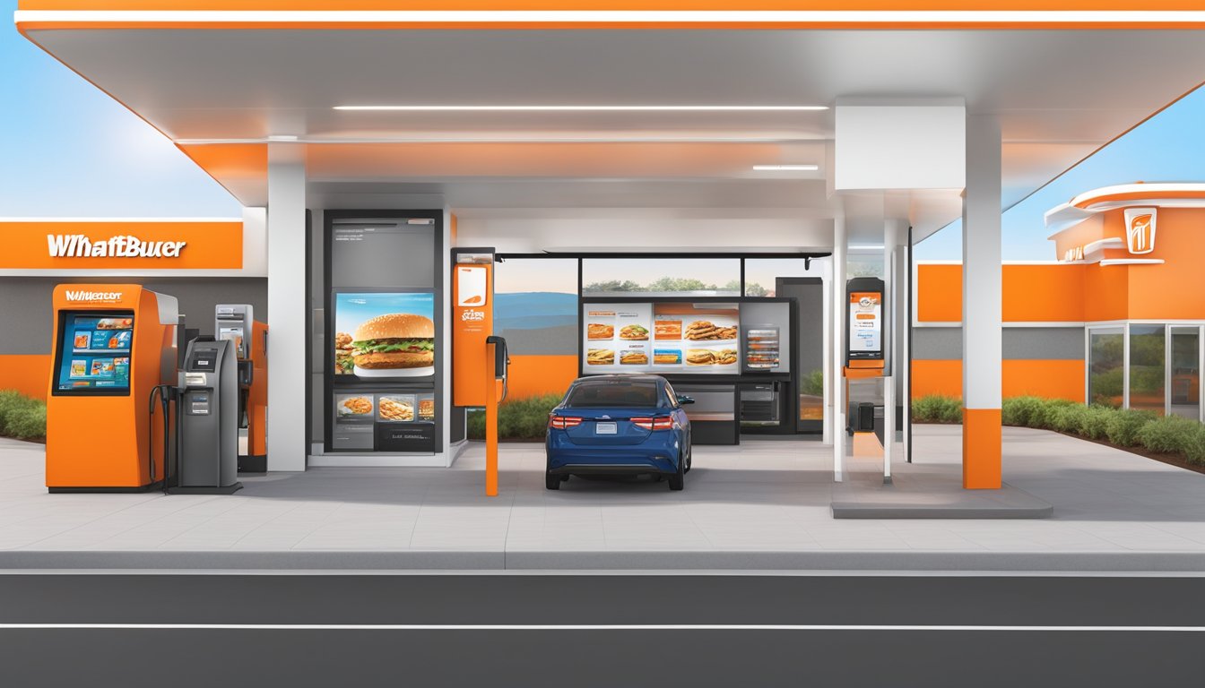 A modern drive-thru at Whataburger, with sleek digital menu boards, advanced order kiosks, and efficient traffic flow