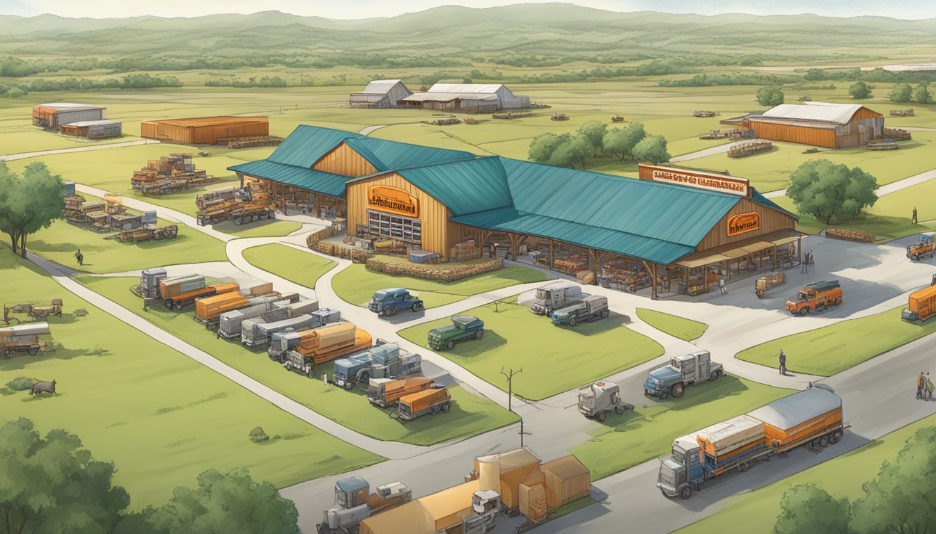 A sprawling Texas ranch with grazing cattle, a Whataburger restaurant in the background, and a bustling supply chain connecting the fast-food giant to the state's beef industry