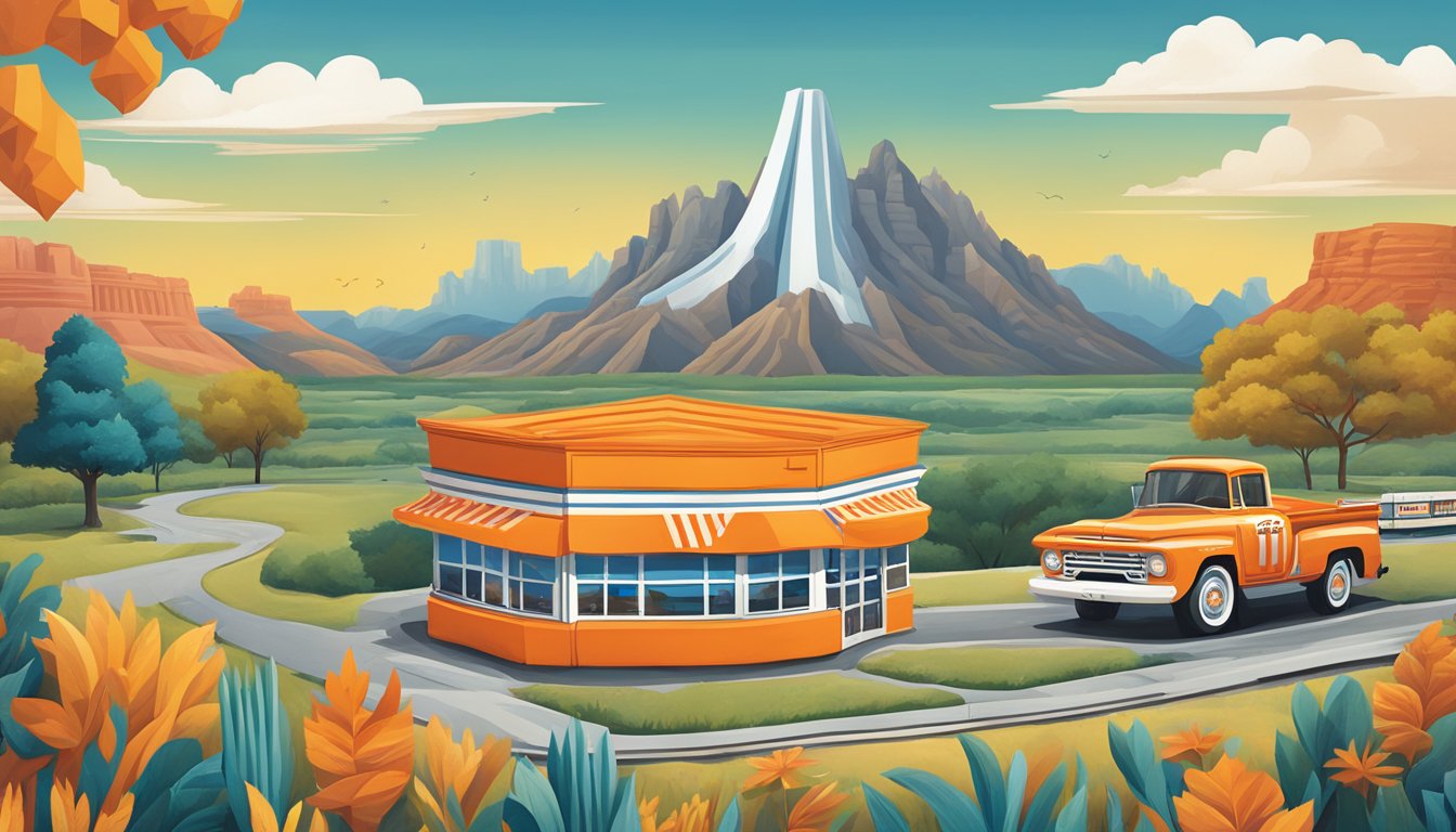 Whataburger's logo integrated with vibrant artwork and musical instruments, surrounded by Texas landscapes and iconic landmarks