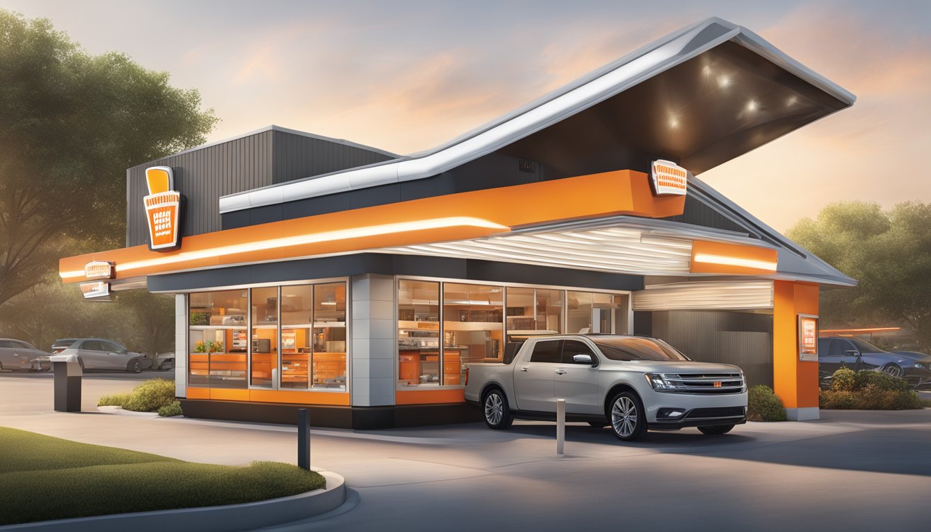 A Whataburger drive-thru with modern menu boards and innovative ordering technology, showcasing the restaurant's signature offerings and menu innovations