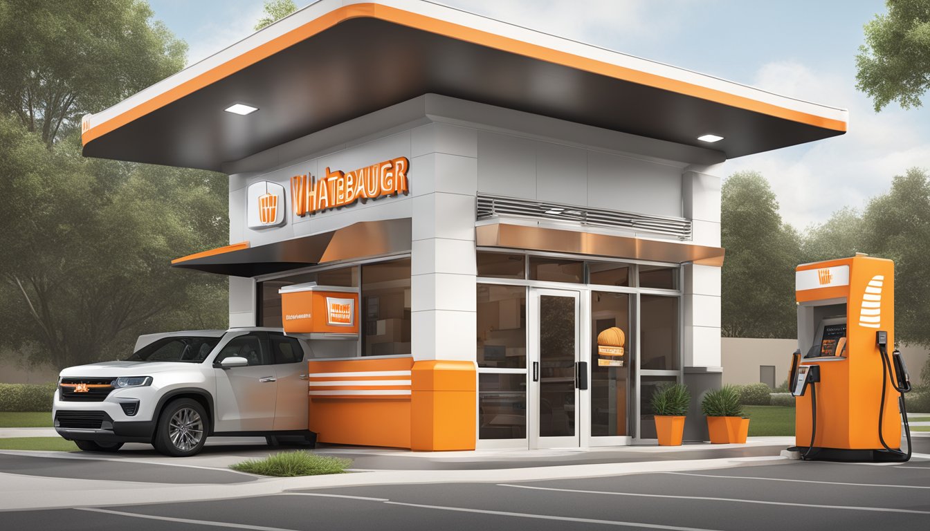 A Whataburger drive-thru with modern, sleek design, featuring bold company branding and innovative technology for efficient service