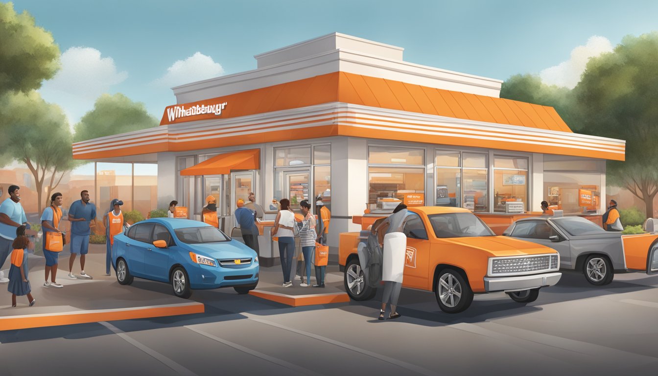 Whataburger drive-thru with innovative technology, staff interacting with customers, and a bustling community around the restaurant