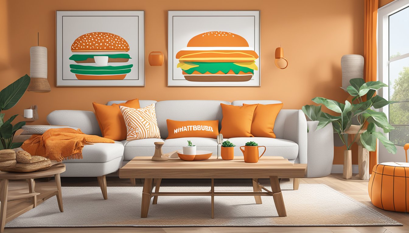 A cozy living room with orange and white decor, featuring Whataburger-themed throw pillows, wall art, and a custom-built burger-shaped coffee table