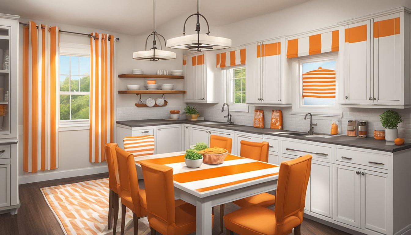 A cozy kitchen with Whataburger-themed wall art, orange and white striped curtains, and a table set with Whataburger-branded dinnerware and placemats