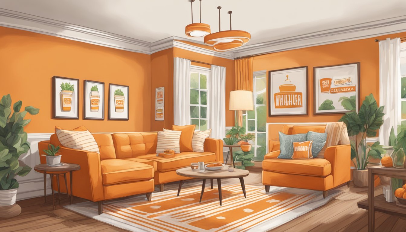 A cozy living room with Whataburger-themed decor: orange and white color scheme, burger-shaped pillows, and vintage signage