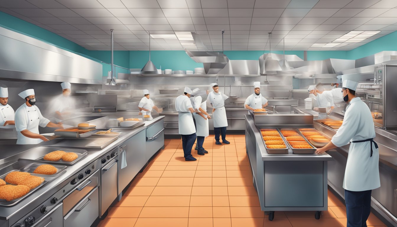 A bustling ghost kitchen with chefs preparing Whataburger meals for delivery