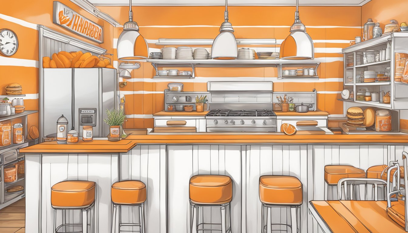 A cozy kitchen with Whataburger-themed wall art, orange and white color scheme, and burger-shaped decor accents