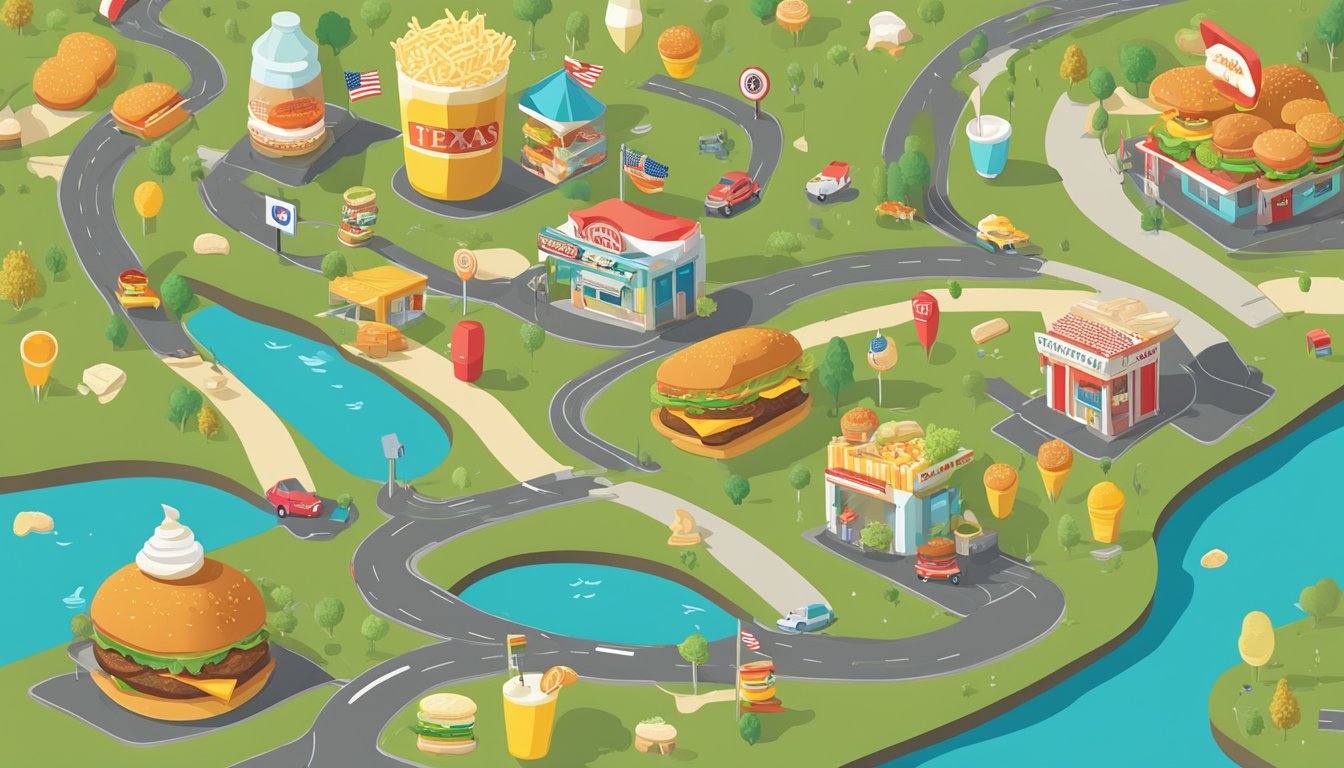 A colorful map of Texas with iconic food items like burgers, fries, and milkshakes arranged along a winding road