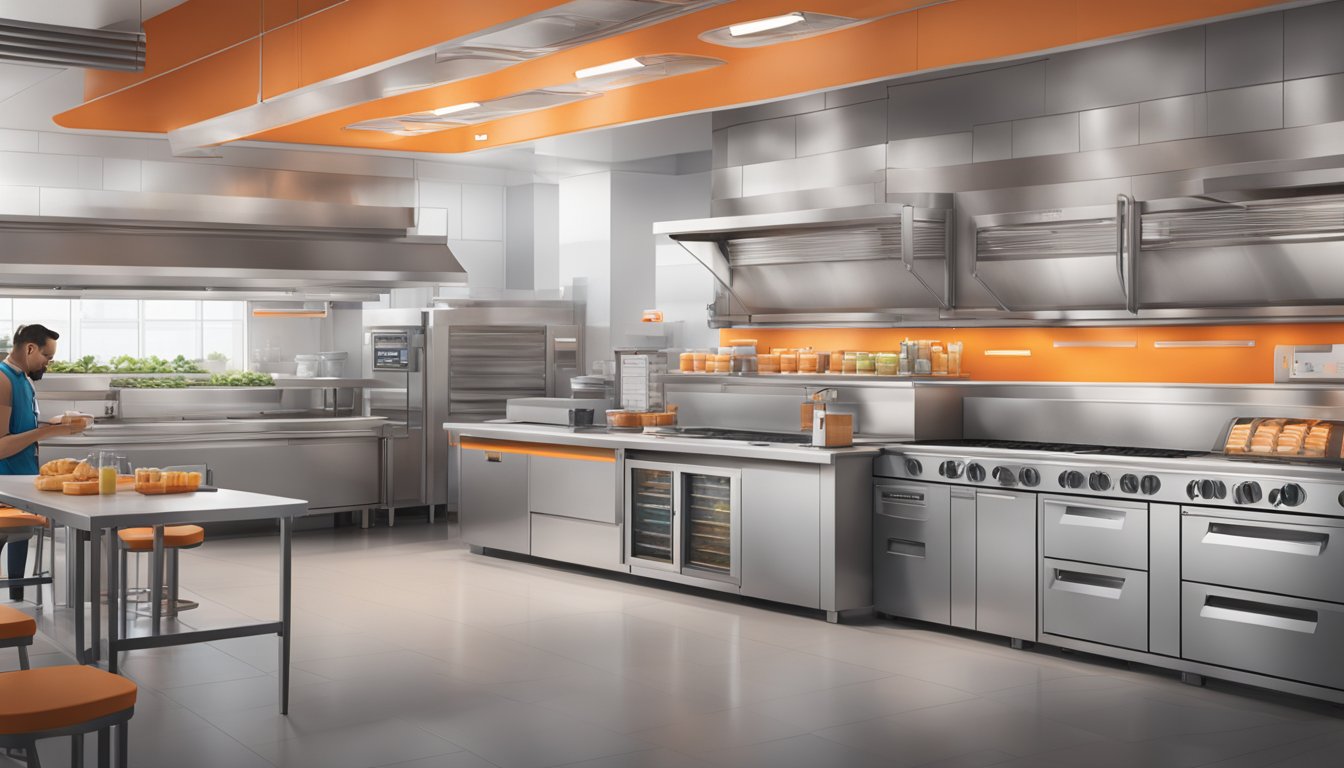 A modern ghost kitchen with Whataburger branding, featuring a streamlined layout and high-tech equipment for efficient food service