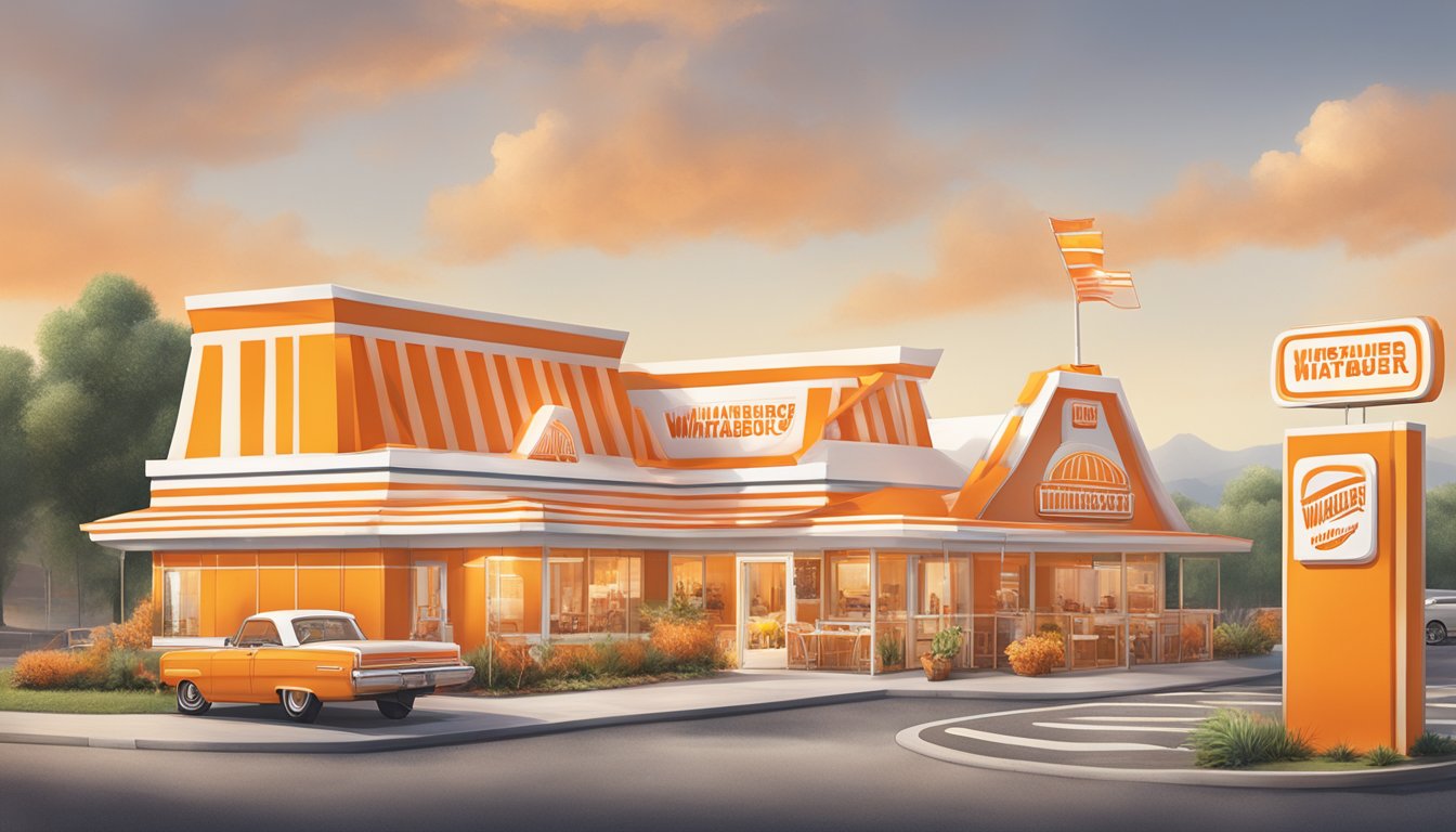 A festive Whataburger-themed event with decor inspired by the iconic fast-food chain, featuring orange and white color scheme, burger and fries motifs, and branded signage