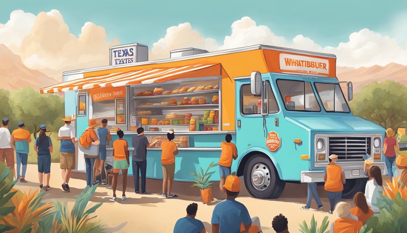 A colorful food truck surrounded by Texas landscapes, with a line of hungry customers eagerly waiting to taste the famous Whataburger creations