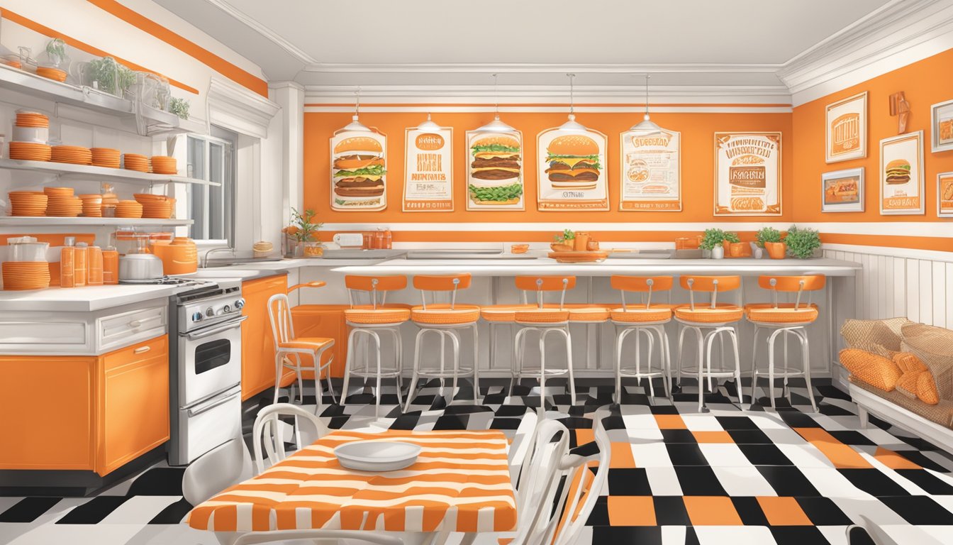 A cozy kitchen with Whataburger-themed decor, including orange and white color scheme, burger-shaped pillows, and vintage signage