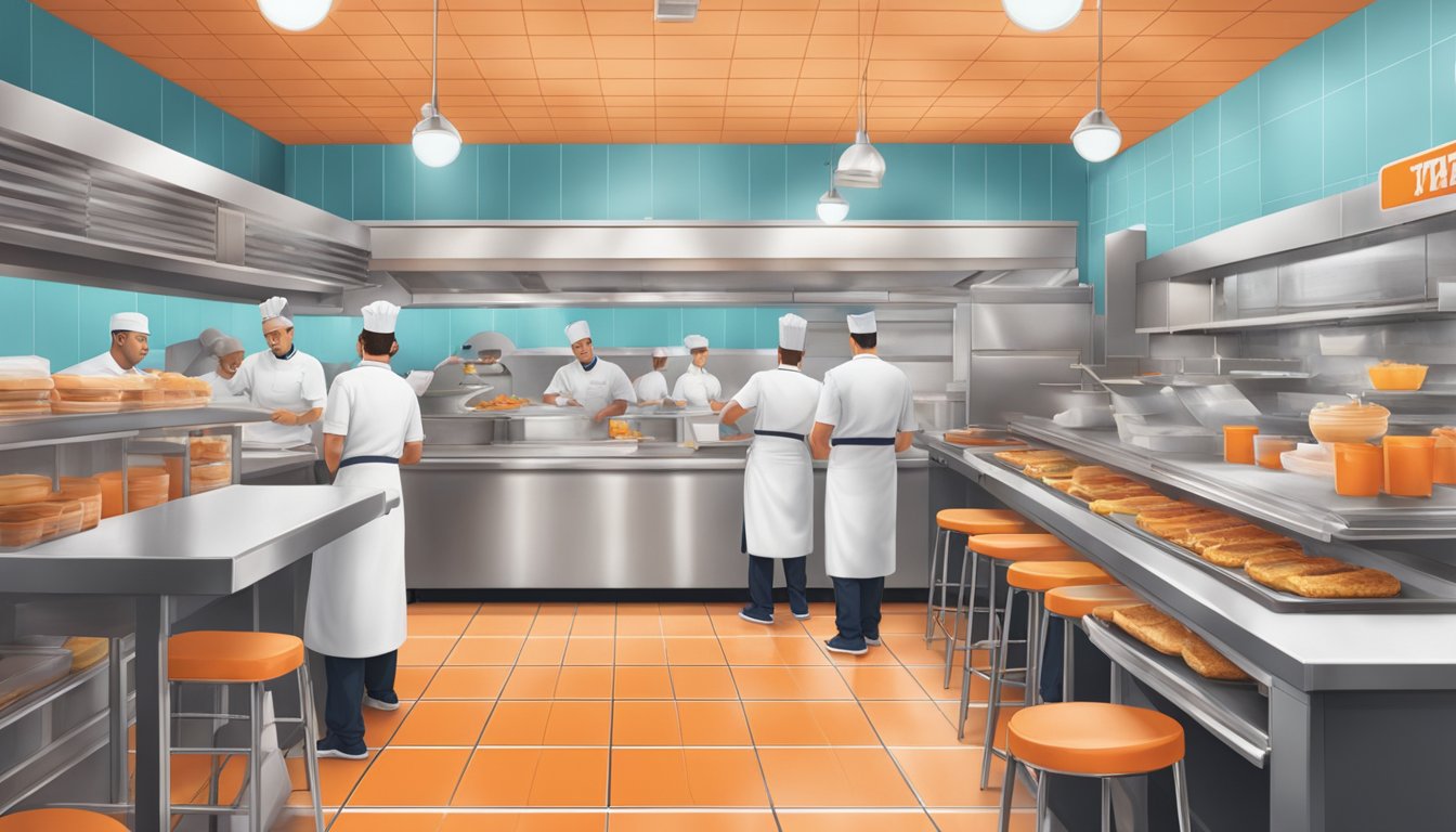 A bustling Whataburger ghost kitchen with chefs preparing orders, delivery drivers picking up, and customers eagerly awaiting their meals