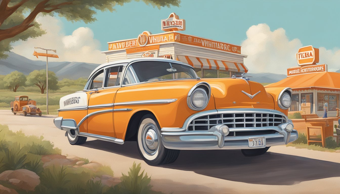 A vintage car drives through a Texas landscape, passing iconic landmarks and local cuisine. The car is packed with Whataburger menu items and Texas-themed decor