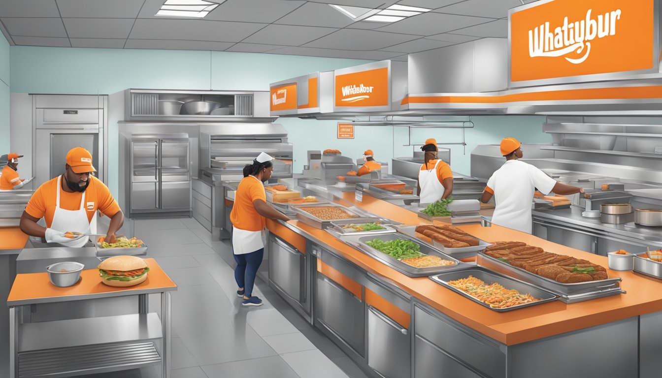 A bustling ghost kitchen with delivery drivers picking up orders as Whataburger staff prepare meals for strategic partnerships