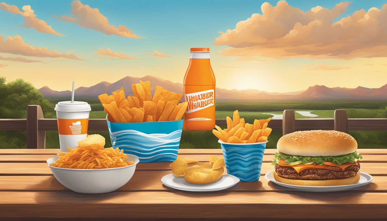 A colorful spread of Whataburger meal items on a picnic table, with a Texas landscape in the background