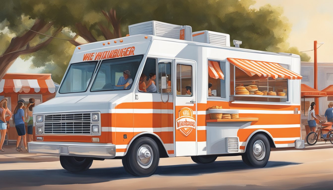 A classic red and white Whataburger food truck parked at a bustling Texas roadside stop, with a diverse crowd enjoying iconic Texas cuisine