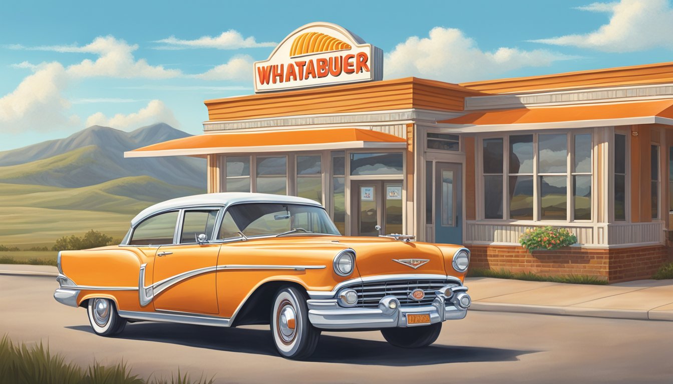 A vintage car parked in front of a classic Whataburger restaurant, surrounded by a picturesque Texas landscape with blue skies and rolling hills