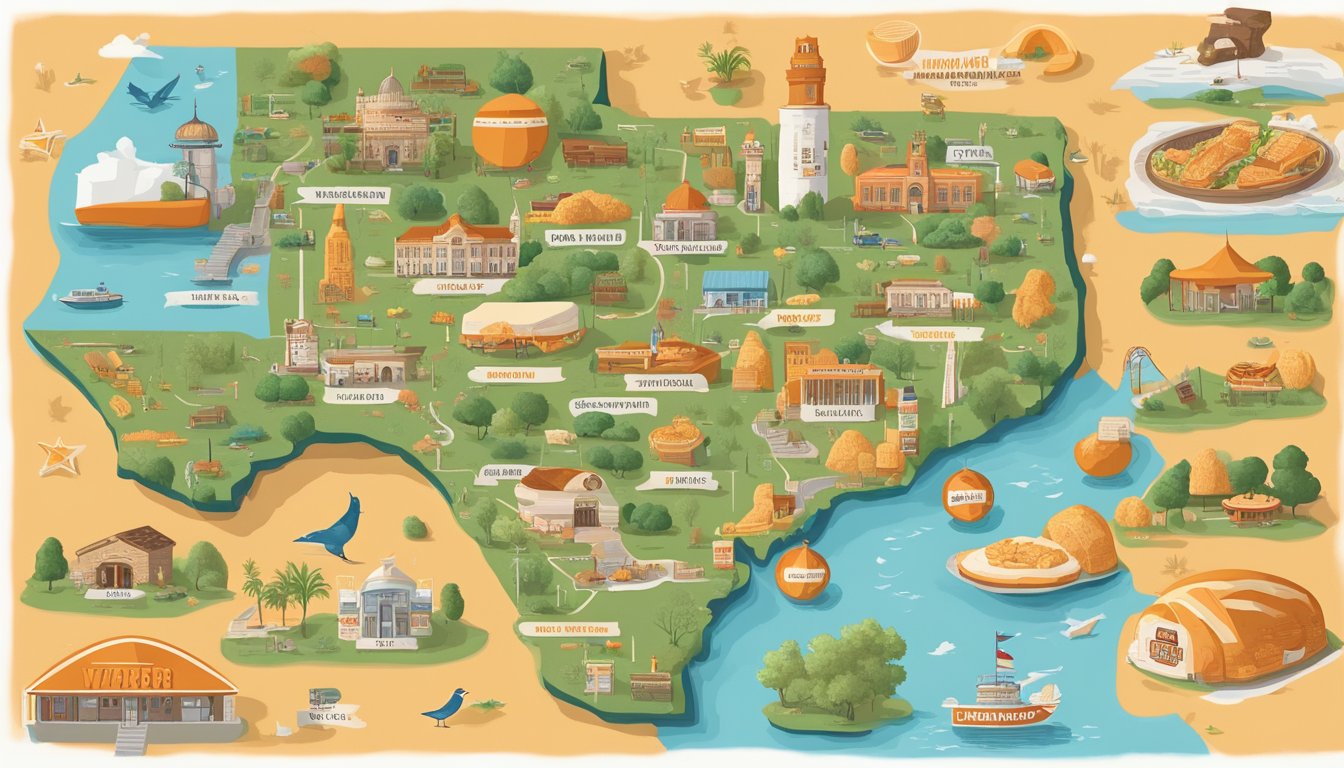 A map of Texas with various regional symbols and imagery representing the different local flavors and ingredients used in Whataburger's menu items across the state