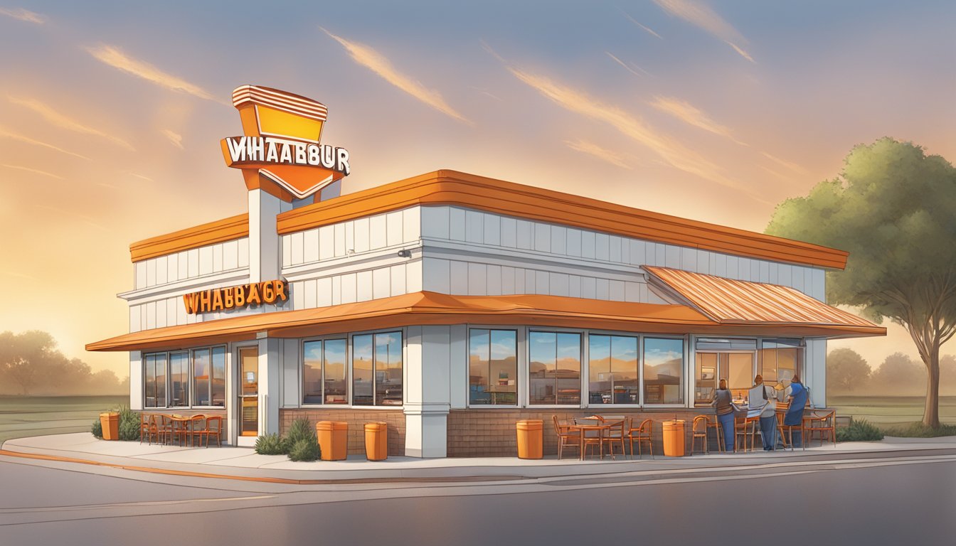 A Whataburger restaurant with regional Texas landmarks in the background, featuring localized menu items and loyal customers enjoying their meals