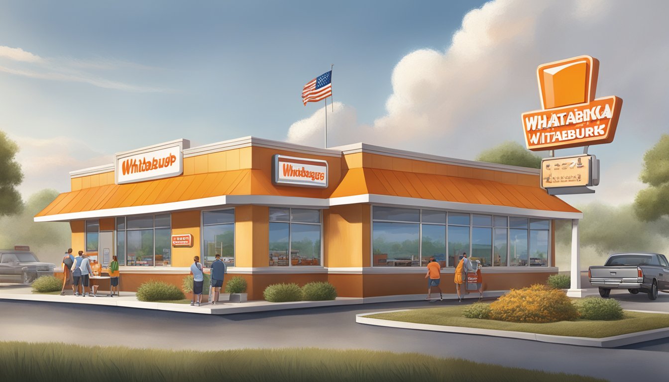 A bustling Whataburger restaurant with regional Texas landmarks in the background, featuring diverse menu items and local flavors