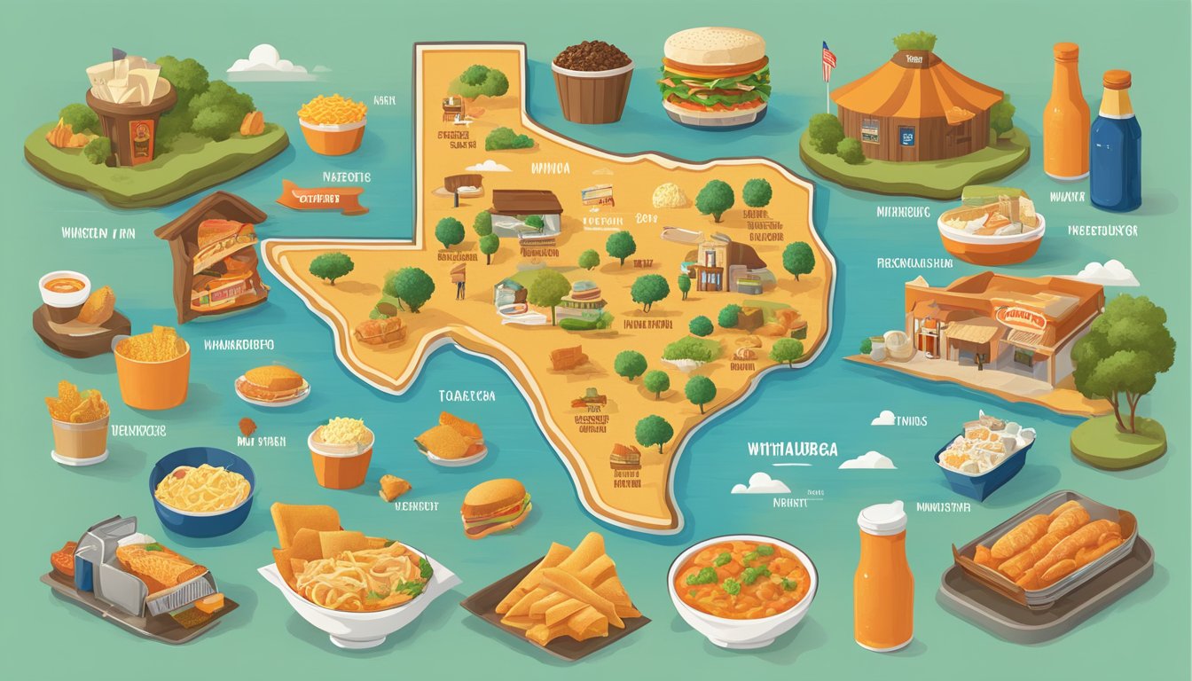 A map of Texas with various regional food items and icons representing Whataburger's menu localization strategy