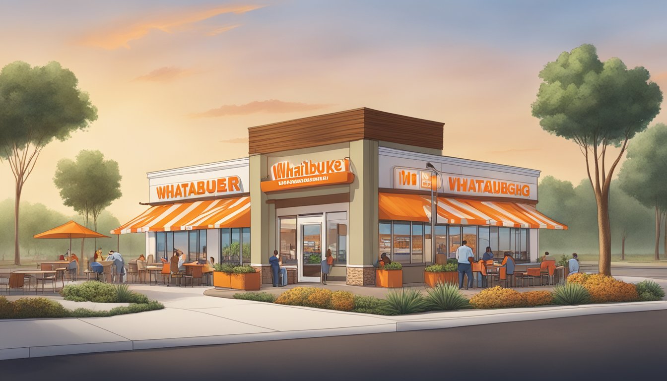 A Whataburger restaurant with diverse Texas landscapes in the background, featuring regional menu items and local community members interacting with staff