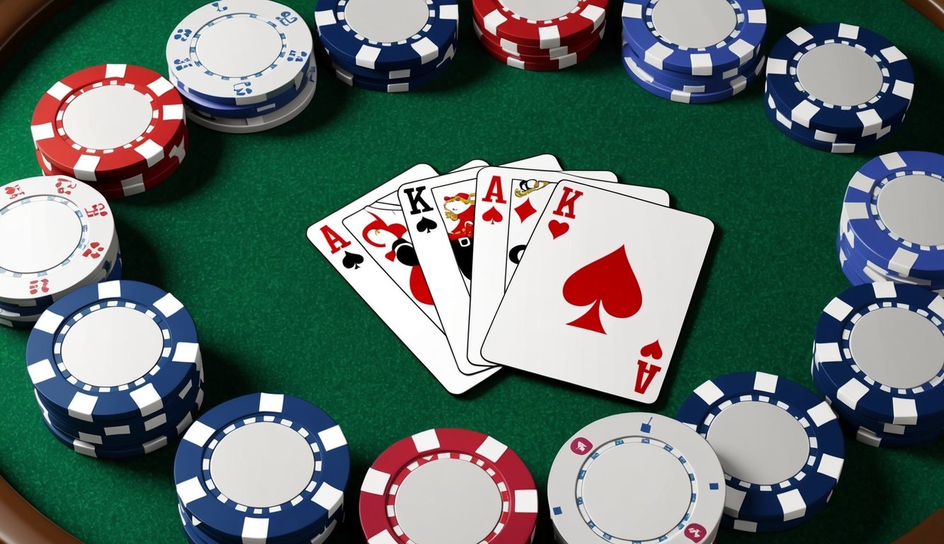 Sekelompok chip poker yang disusun dalam tangan yang menang di atas meja felt hijau