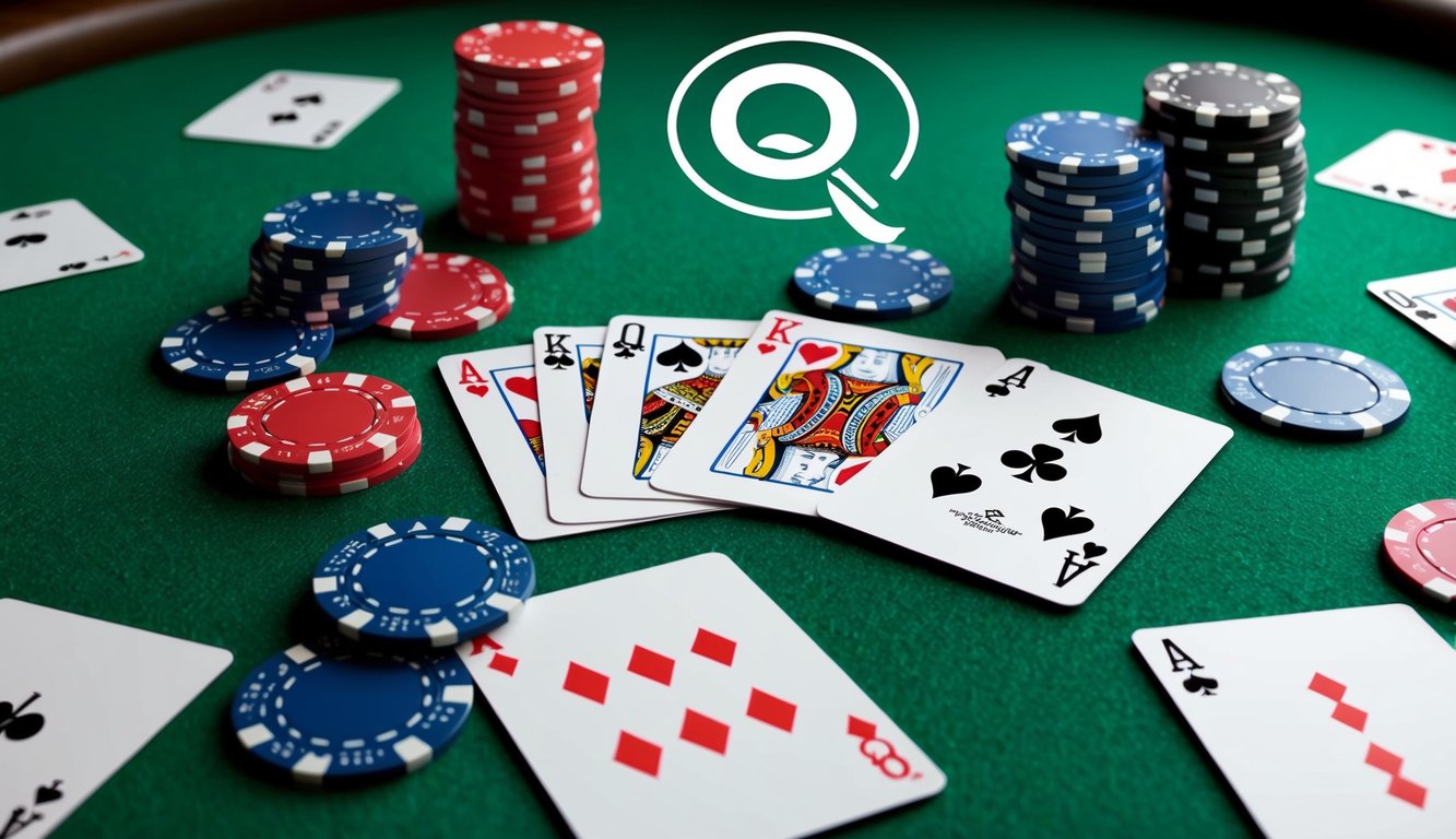 Sekelompok kartu bermain berwarna-warni tersebar di atas meja felt hijau, dengan chip poker dan desain modern yang ramping dari logo QQ di latar belakang