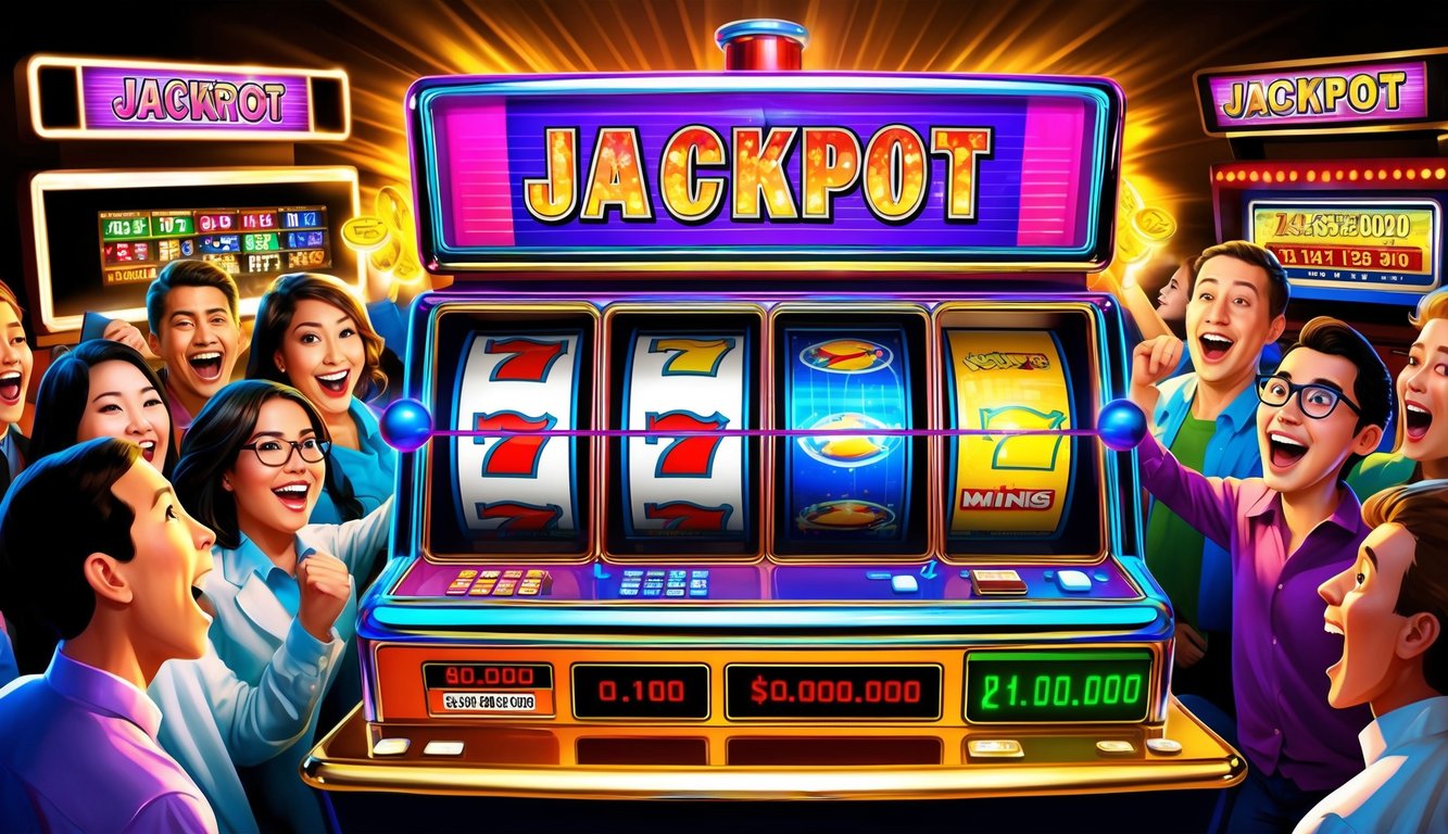 Mesin slot berwarna-warni dengan lampu berkedip dan gulungan berputar, dikelilingi oleh pemain yang bersemangat dan tampilan jackpot besar