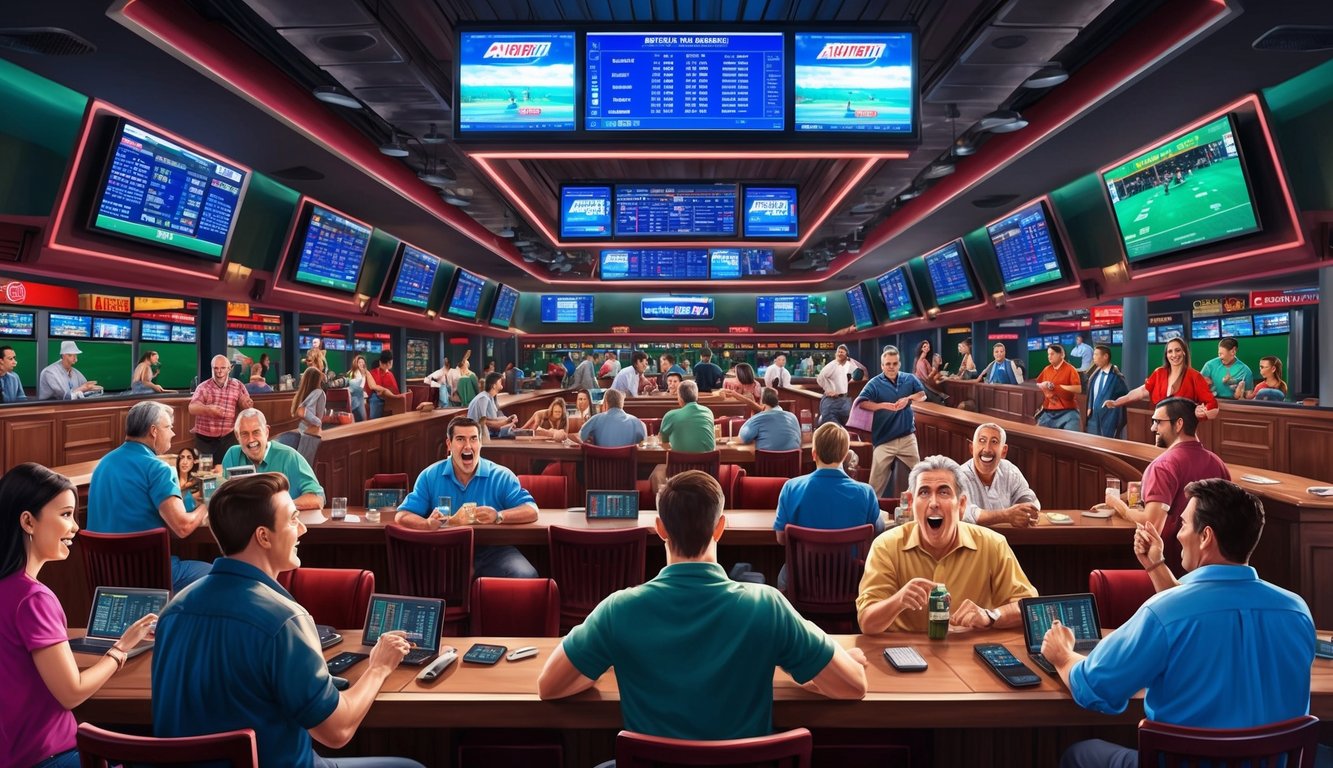 Sebuah sportsbook yang ramai dengan layar digital dan pengunjung yang antusias