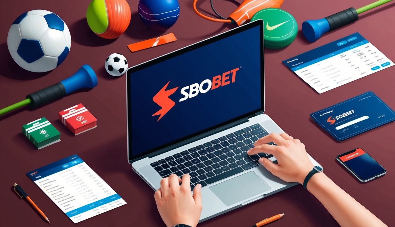 Sebuah laptop terbuka di halaman web dengan logo Sbobet, dikelilingi oleh peralatan olahraga dan slip taruhan