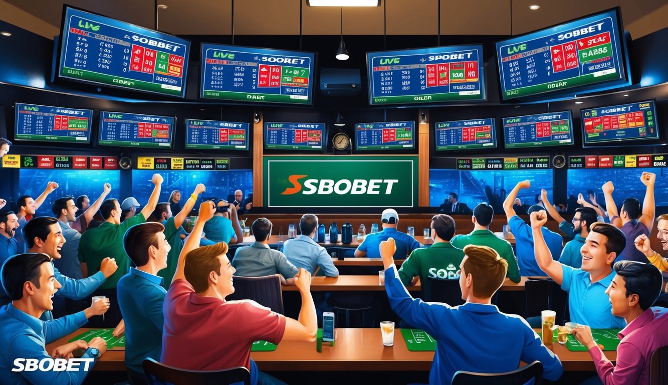 Sebuah bar olahraga yang ramai dengan banyak layar menampilkan peluang taruhan langsung untuk Sbobet, dengan pengunjung yang bersemangat bersorak dan memasang taruhan mereka.