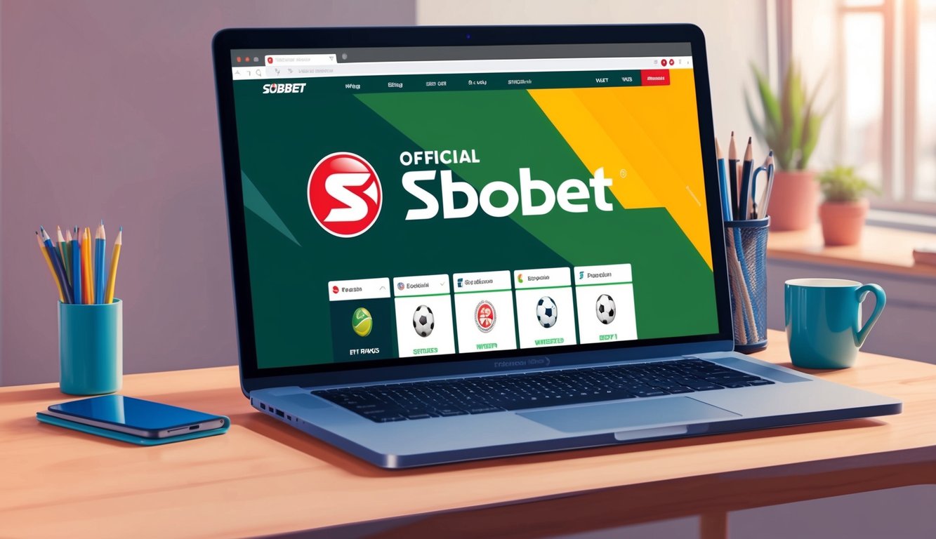 Sebuah layar komputer yang menampilkan situs resmi Sbobet dengan logo dan berbagai opsi taruhan olahraga