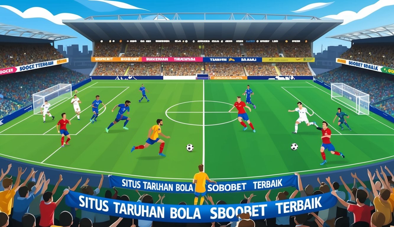 Sebuah stadion sepak bola yang ramai dengan pemain yang sedang beraksi, penggemar bersorak, dan spanduk yang menampilkan nama "Situs taruhan bola sbobet terbaik"