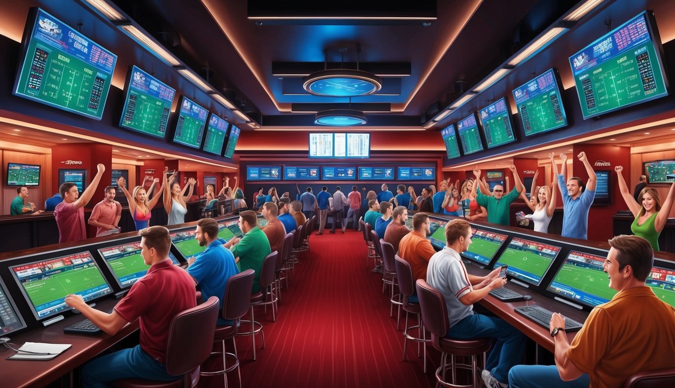 Sebuah sportsbook yang ramai dengan layar digital dan penggemar yang bersorak