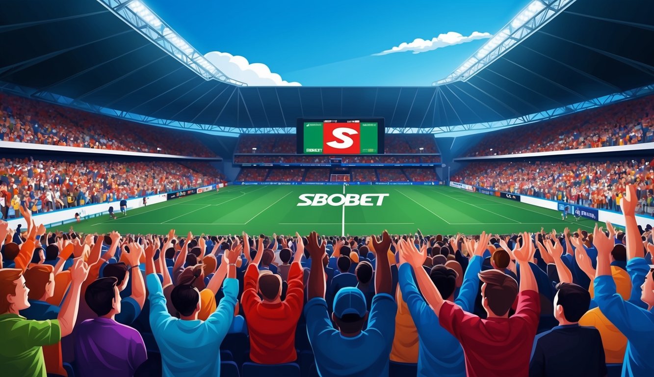 Sebuah stadion olahraga yang ramai dengan penggemar yang bersorak dan papan skor yang menampilkan logo Sbobet