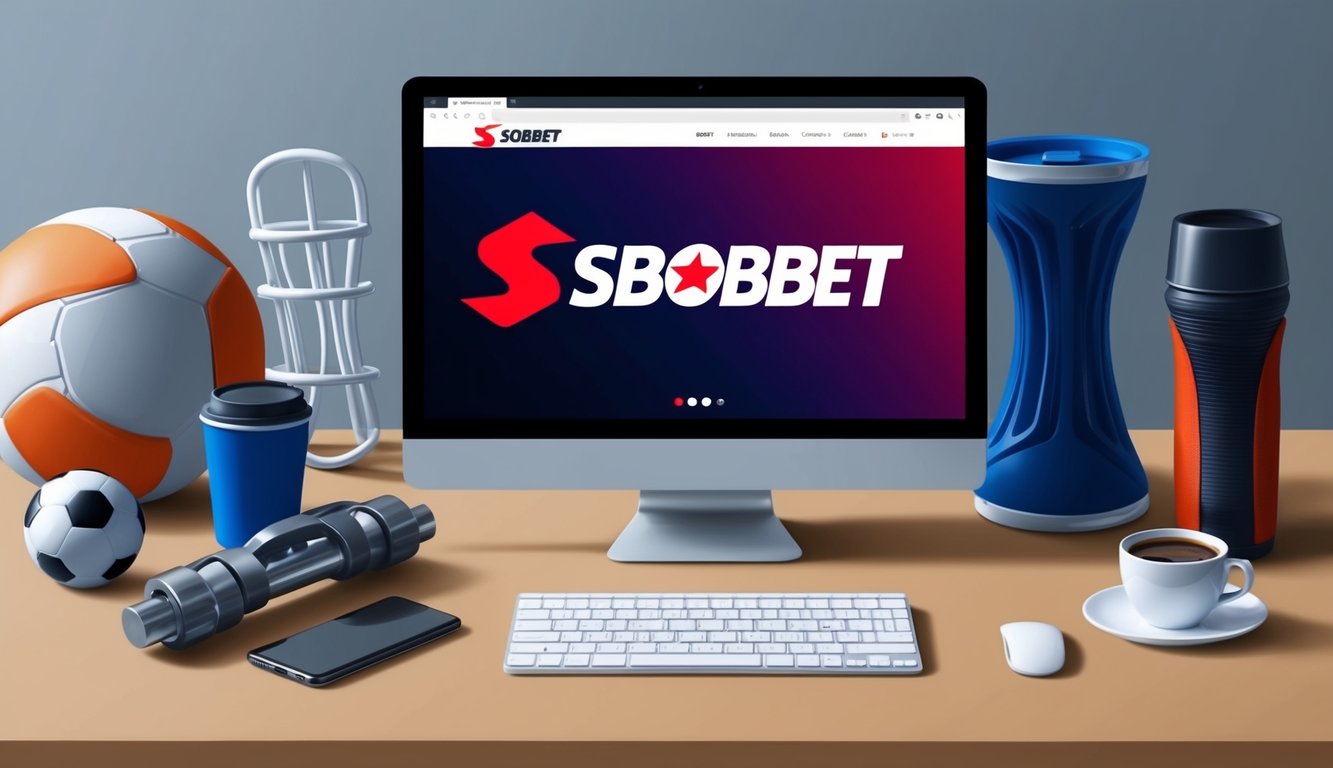 Sebuah layar komputer yang menampilkan situs web dengan logo Sbobet, dikelilingi oleh peralatan olahraga dan secangkir kopi