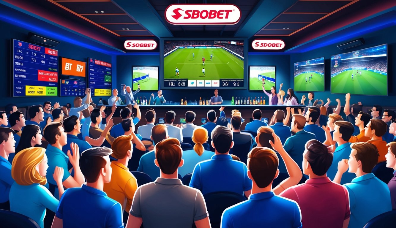 Sebuah bar olahraga yang ramai dengan orang-orang bersorak dan menonton pertandingan langsung di layar besar, dikelilingi oleh peluang taruhan dan logo Sbobet