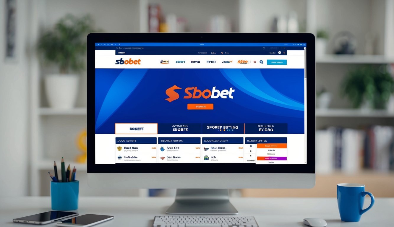 Sebuah layar komputer menampilkan situs web resmi Sbobet, dengan logo dan berbagai opsi taruhan olahraga yang terlihat