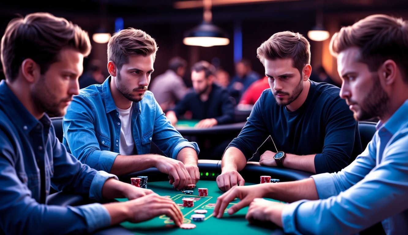 Sekelompok pemain poker bersaing secara online, fokus intens mereka terlihat saat mereka merencanakan strategi dan melakukan langkah-langkah mereka dalam turnamen virtual.