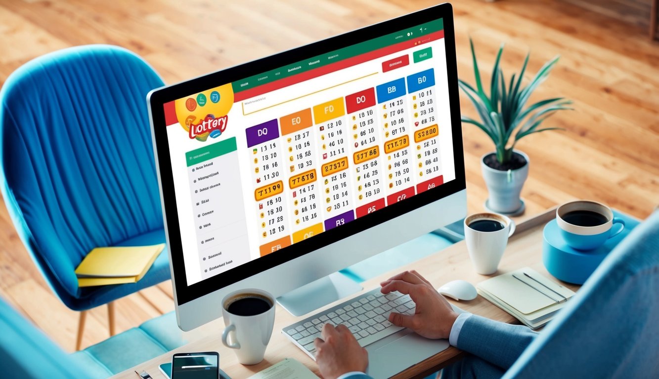Sebuah layar komputer yang menampilkan situs web dengan nomor lotere dan opsi taruhan, dikelilingi oleh kursi yang nyaman dan secangkir kopi