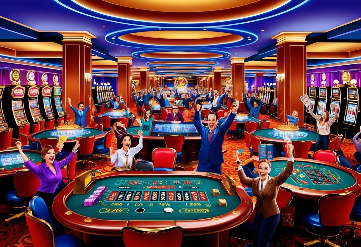 Un sol de casino coloré et animé, rempli de machines à sous tournantes, de tables de cartes scintillantes et de clients excités applaudissant et célébrant leurs gains.