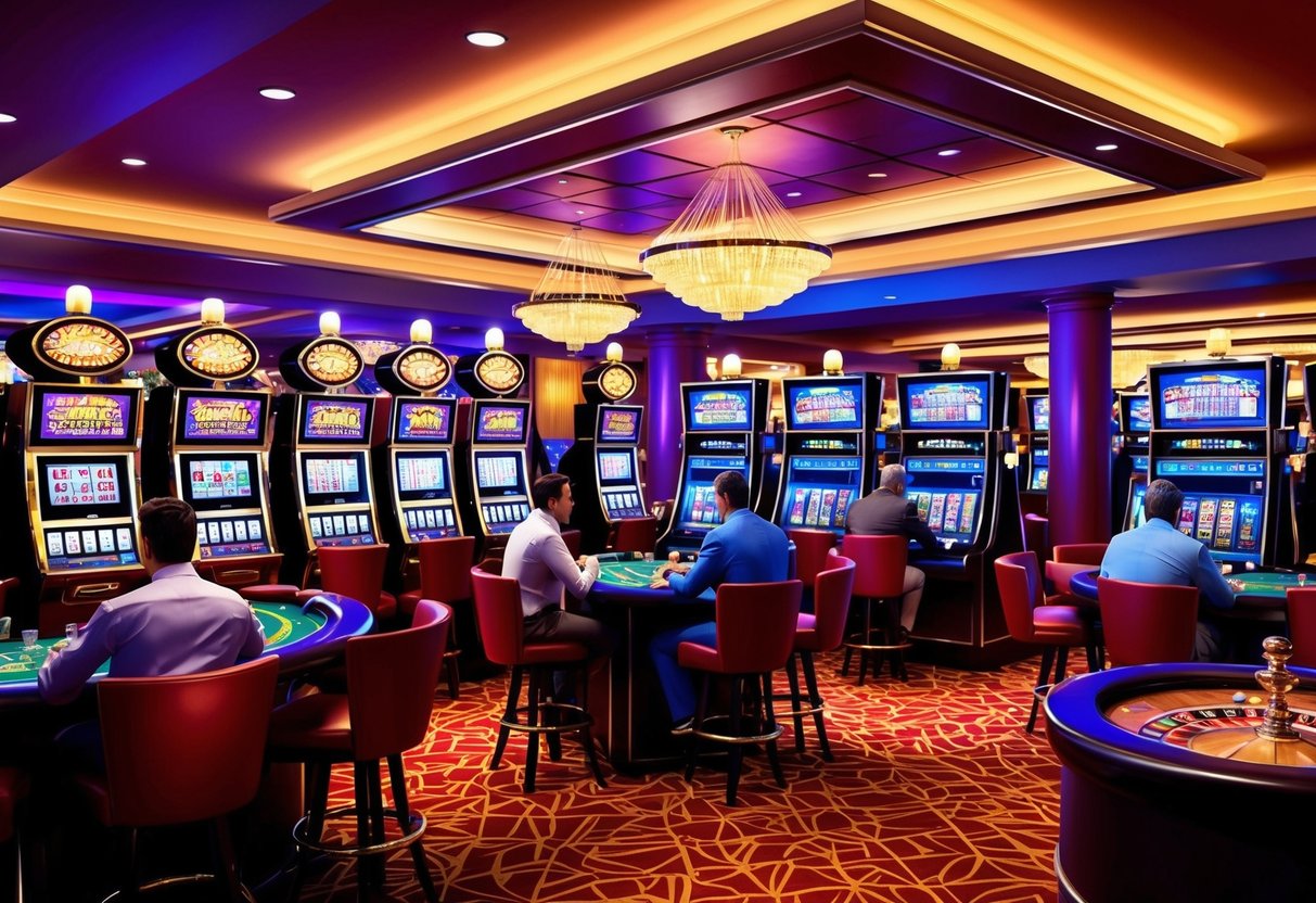 Des lumières vives et des machines à sous colorées créent une atmosphère animée dans le casino. Les joueurs sont assis, concentrés aux tables, tandis que d'autres regardent la roue de la roulette tourner avec anticipation.