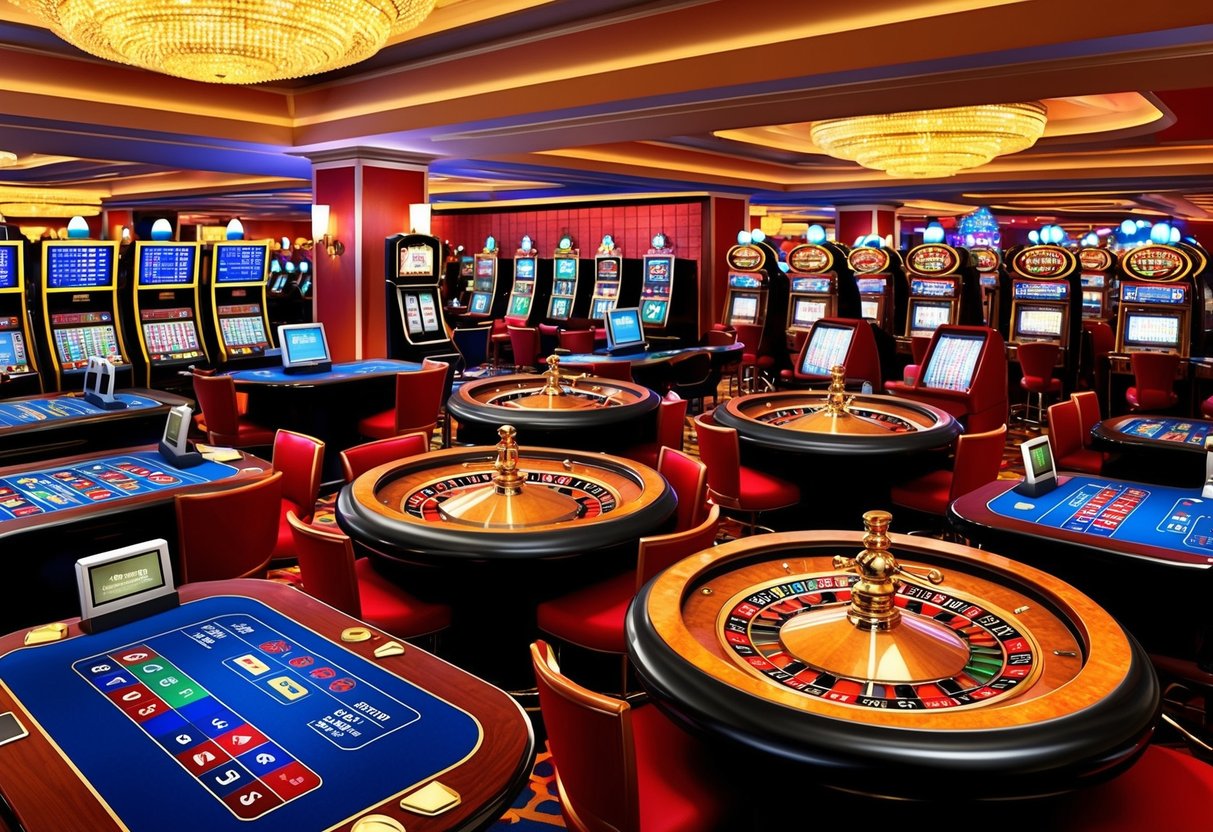 Un sol de casino animé rempli de machines à sous colorées, de tables de roulette et de jeux de cartes. Des lumières vives et des sons joyeux créent une atmosphère d'excitation et d'anticipation.