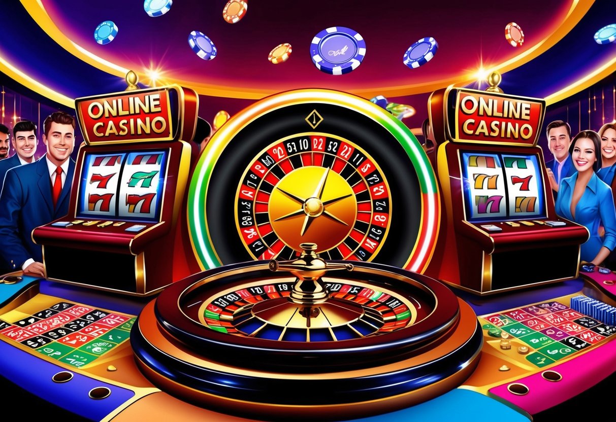 Une scène de casino en ligne colorée et vibrante avec des lumières clignotantes, des machines à sous tournantes et une roue de roulette entourée de joueurs impatients