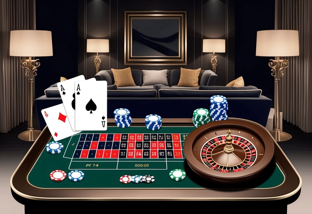 Un cadre de maison luxueux avec une table de roulette, des jetons de poker et des cartes à jouer. Une décoration élégante et un éclairage tamisé créent une atmosphère sophistiquée pour une parfaite soirée de casino en ligne.