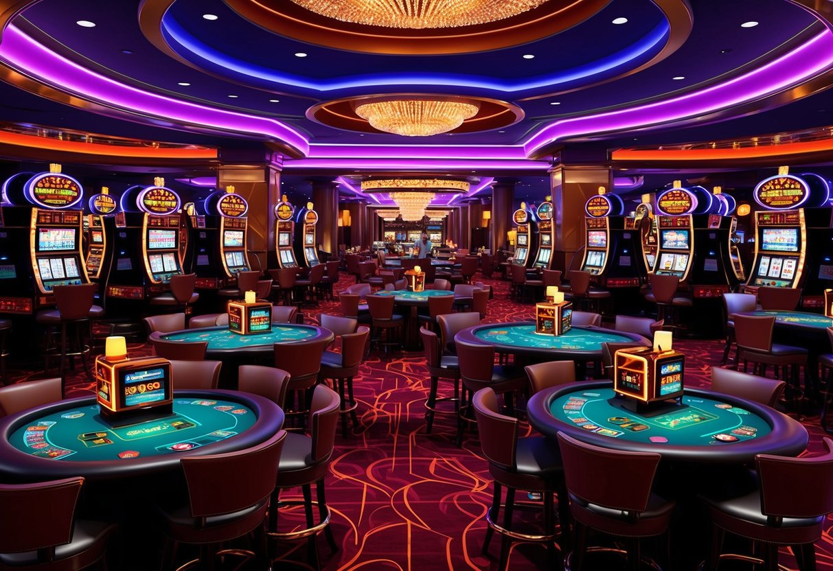 Une atmosphère de casino avec des lumières au néon, des machines à sous lumineuses et des tables de jeu animées.